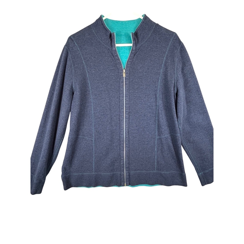 Tommy Bahama Womens Navy Blue Teal Full Zip Mock Neck Sweatshirt Logo Size L